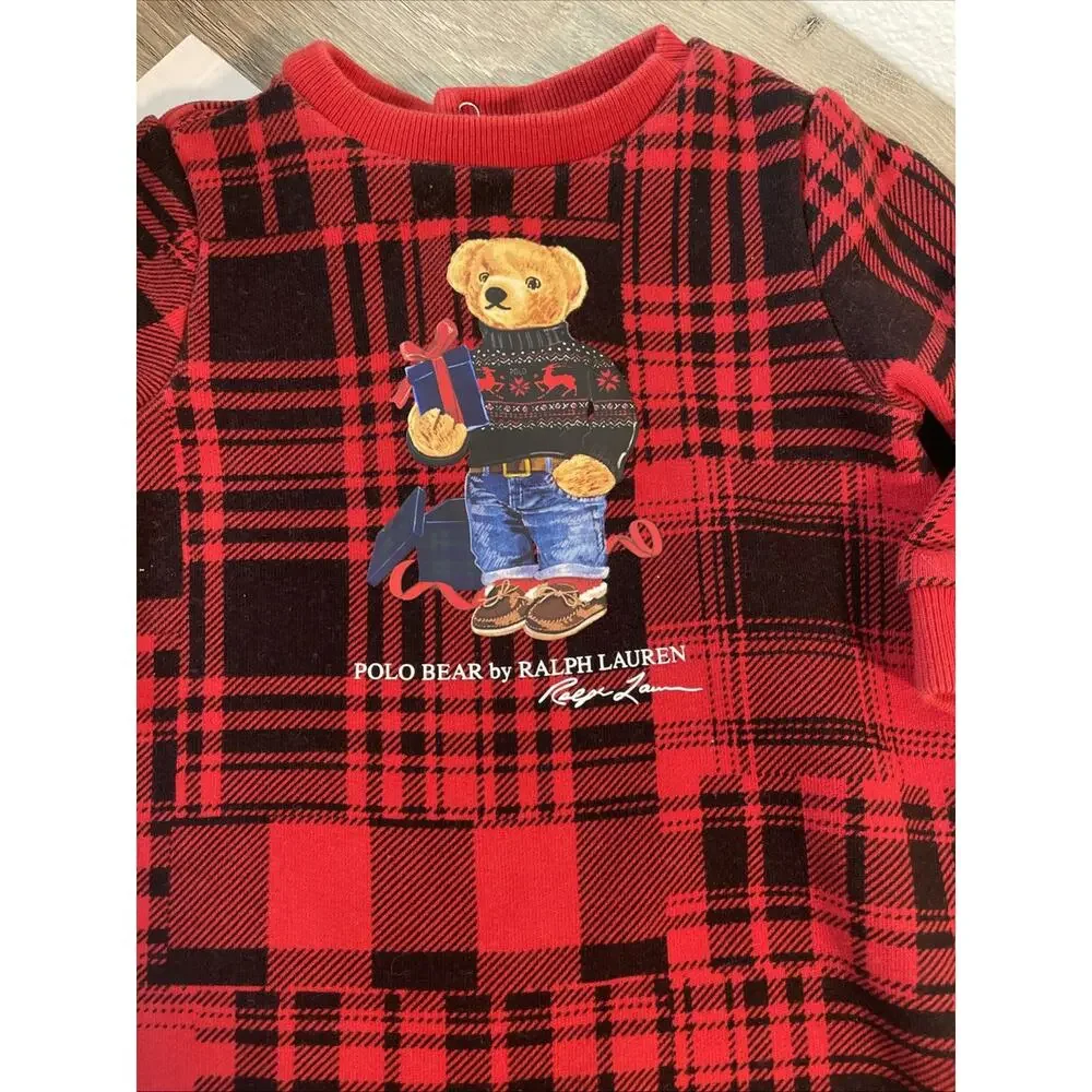 Ralph Lauren Polo Bear Red Plaid Fleece Coverall Sleeper Infant 9 Months